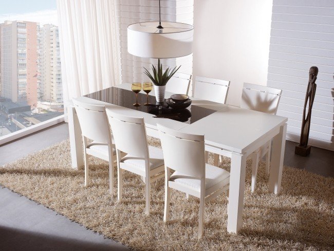 غرفة الطعام طاولة طعام - أبيض زجاجي قابل للتمديد أعلى مصباح معلق منفوش
