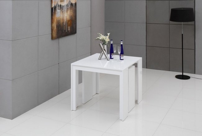 طاولة طعام قابلة للتمديد أفكار تصميم مربعة مطلية بالورنيش الأبيض