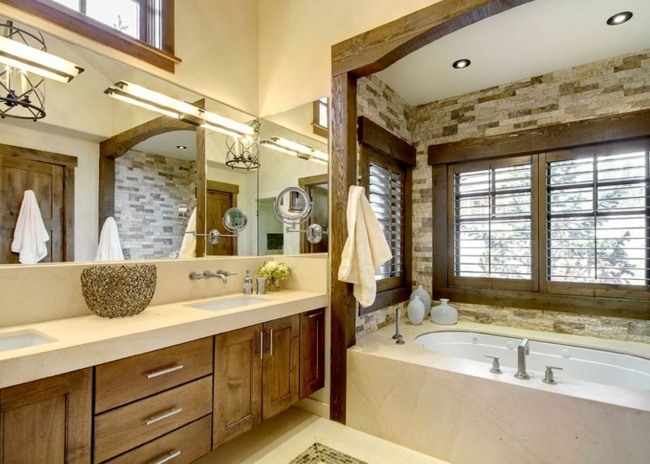 تصميم الحمام جدار الحجر الطبيعي أثاث الحمام تصميم الخشب