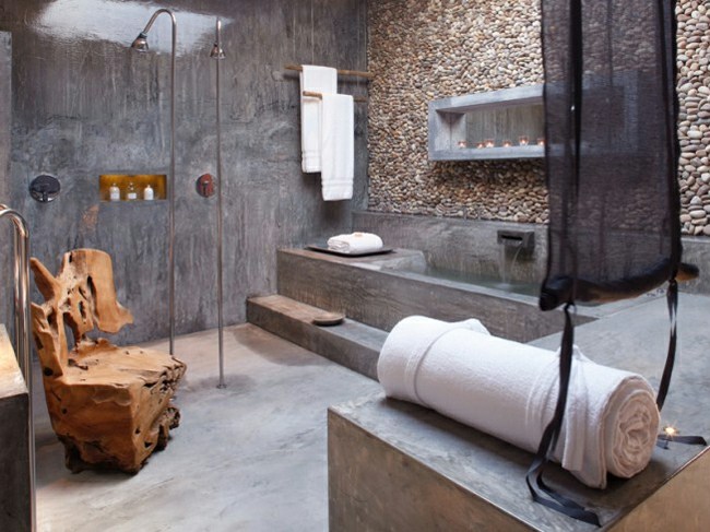الحمام جدار الحجر الغرانيت الأثاث الخشب كرسي فكرة تصميم الجص الجدار