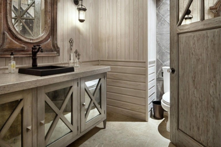 الحمام مصنوع من الخشب ريفي تصميم مرآة مجلس الوزراء جدار الكسوة الرأسي الأفقي