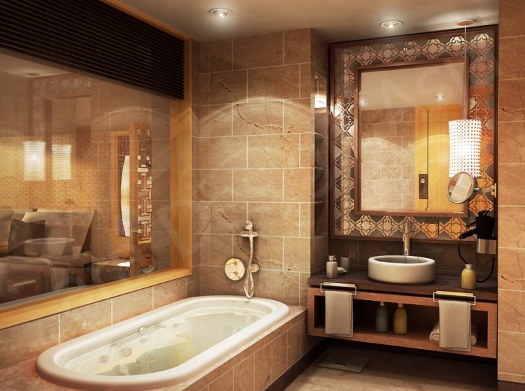 حوض استحمام - جدار في - رف - فاخر - بني - بيج - ديكو - إطار زجاجي - مرآة حائط