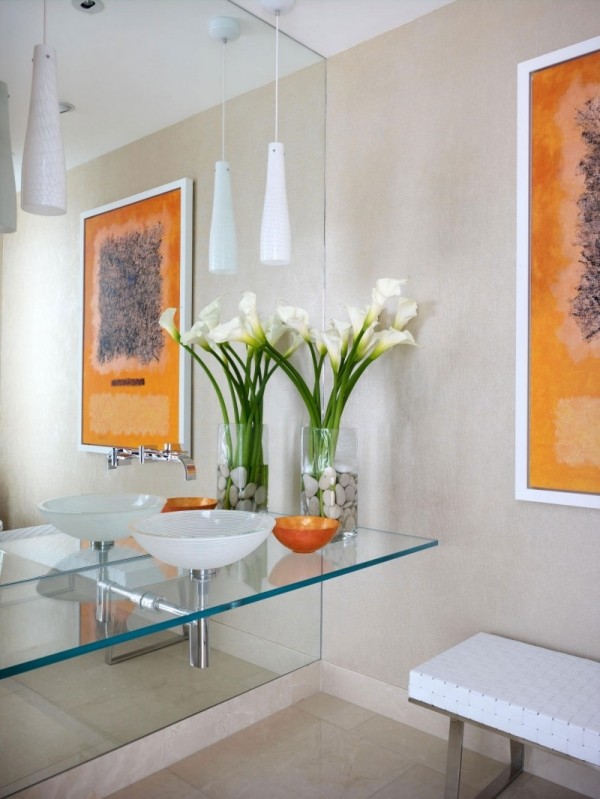 أفكار الحمام الزجاج الحديثة الغرور لهجات البرتقالي