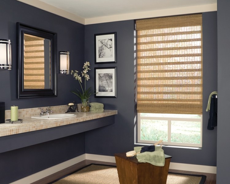 تصميم الستائر الدوارة الخيزران الأزرق الرمادي الجدار فكرة بالوعة الحمام مرآة