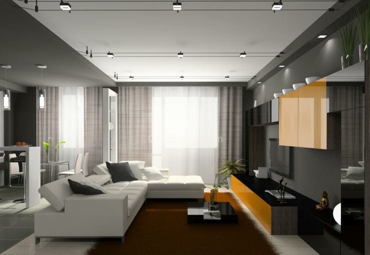غرفة المعيشة مصابيح ضوء السقف وحدة الحائط أريكة صفراء بيضاء