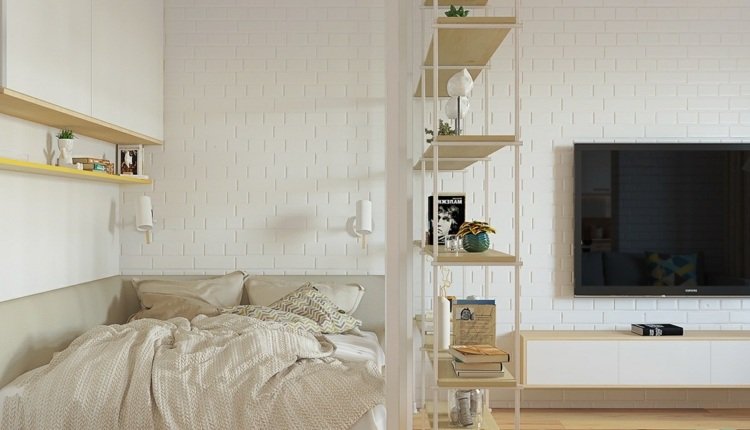 سرير-معيشة-غرفة-دمج-أبيض-طوب-جدار-فكرة-تأثيث-شقة-غرفة