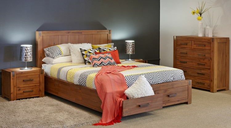 سرير مع صندوق سرير - درج - خزانة جانبية - أثاث خشبي - غرفة نوم - مصابيح