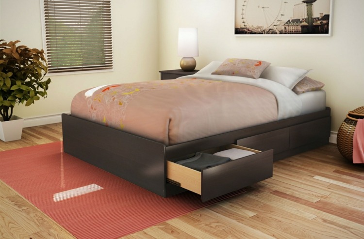 سرير مع درج سرير-رمادي-تخزين-مساحة-فكرة-درج-سجاد-أحمر
