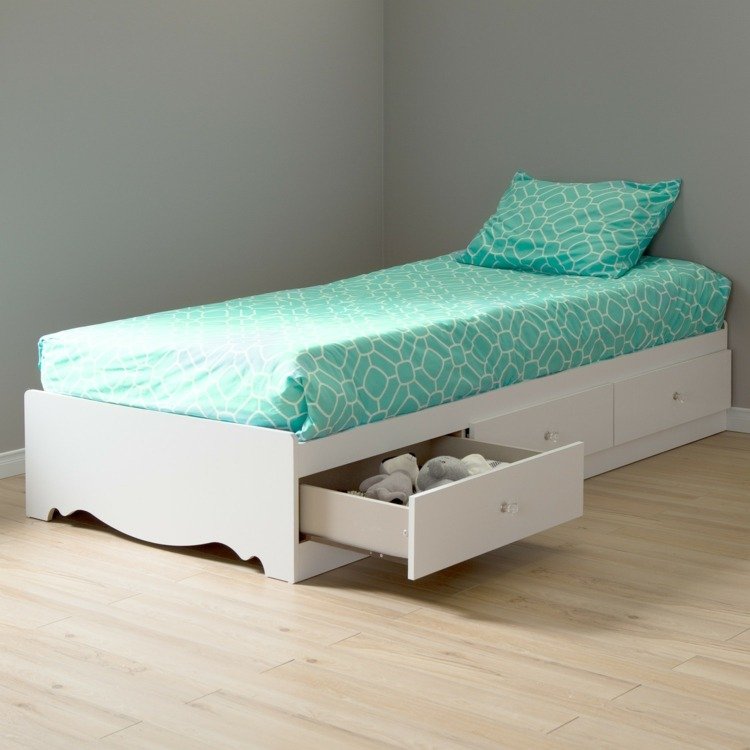 سرير مع درج سرير - غرفة أطفال - أبيض - فكرة - درج - تركواز - بياضات سرير