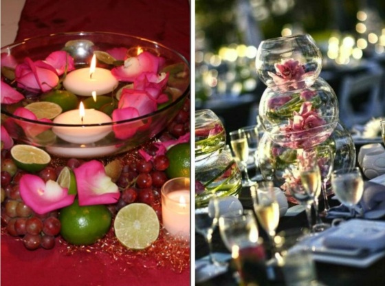 زبدية زجاجية مع بتلات الورد تزيين المائدة بالفاكهة