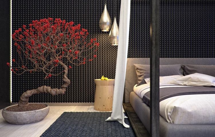 غرفة نوم شجرة بونساي فكرة نباتية كبيرة أحادية اللون حديثة