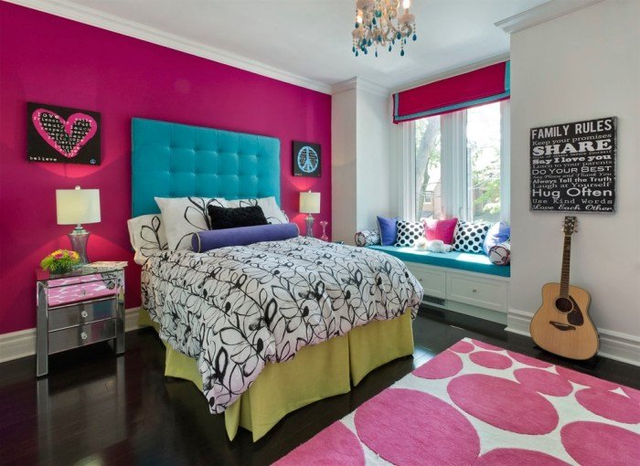 وردي-حائط-كول-غرفة-مراهقة-تصميم-أفكار-تصميم-سرير منجد