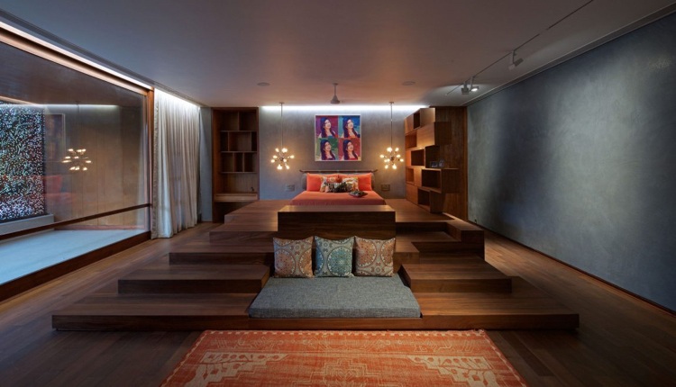 غرفة نوم - خشب - قاعدة - سرير - قلادة - اضاءة - ليد - سقف - اضاءة