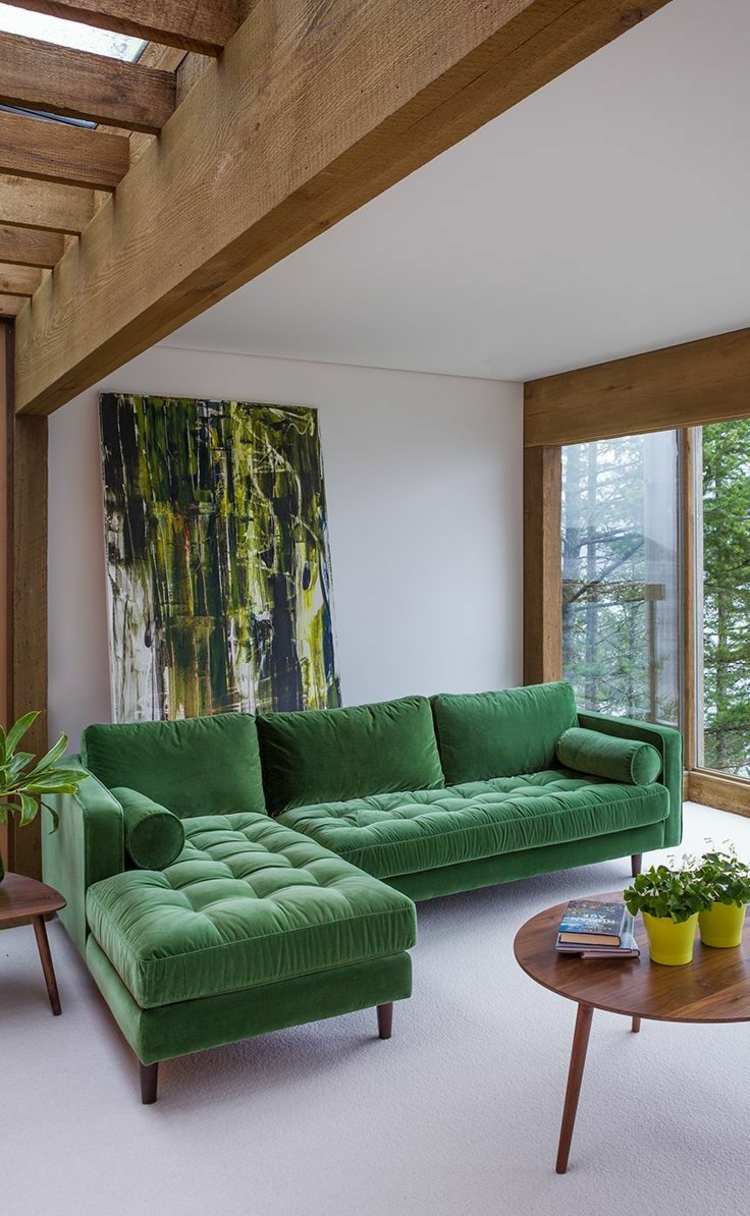 أريكة ركنية خضراء مخملية أريكة طاولة قهوة مستديرة عوارض تصميم داخلي حديث