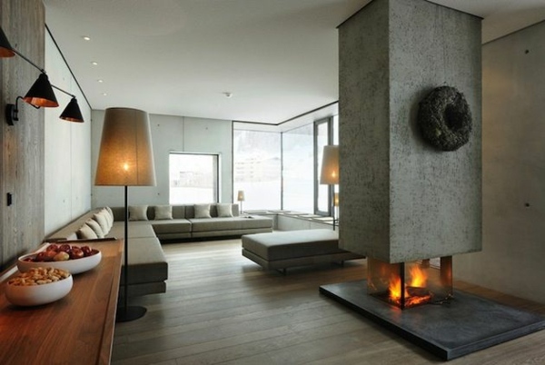 أفكار تصميم غرفة المعيشة الحديثة جدار خرساني أرضية خشبية