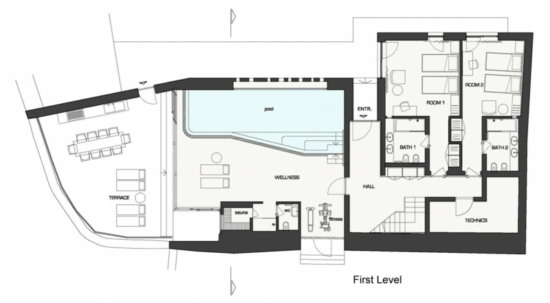 خطة أرضية حجرية داخلية طبيعية في الطابق الأرضي غرفة نوم لياقة بدنية
