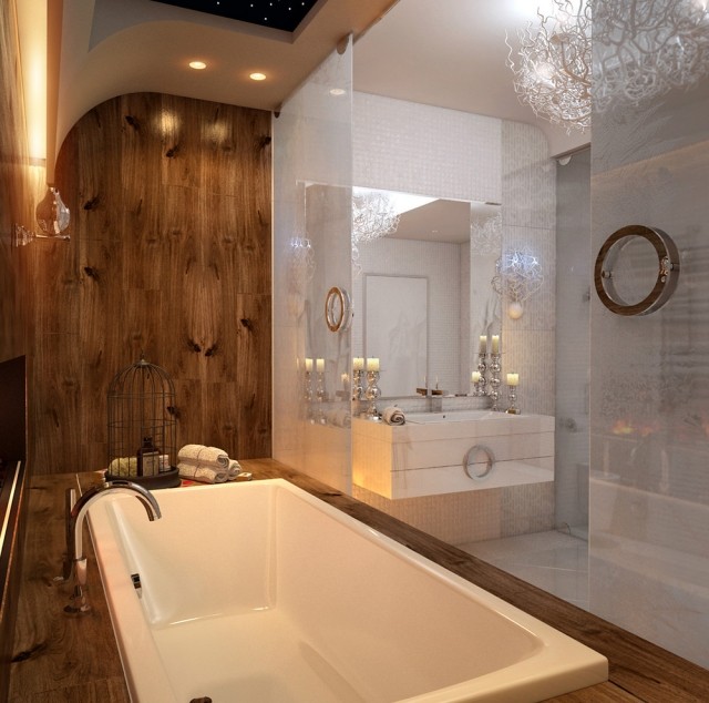 تصميم الحمام الألواح الخشبية الفاخرة الشموع الجدول بالوعة