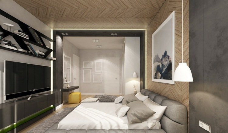 ديكو-غرفة نوم-سقف-لهجة خشبية-إطار-صورة-مصباح معلق أبيض