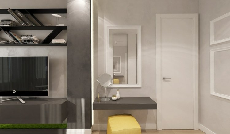 ديكور-غرفة نوم-أحادية اللون-أجواء-رف-حديث-مجردة-شكل-رمادي-فاتح-لون الجدار