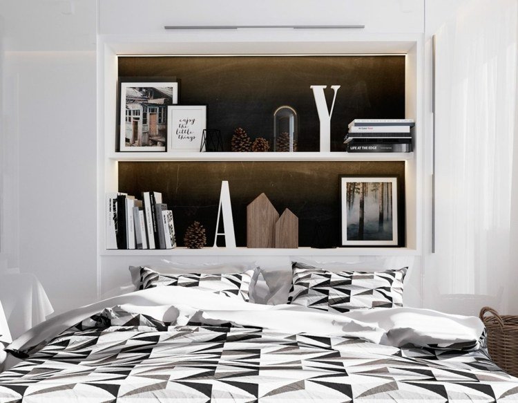 ديكور-غرفة نوم-فكرة-بسيطة-بنية-خلفية-كتب-صور-خشب-فن الأشياء