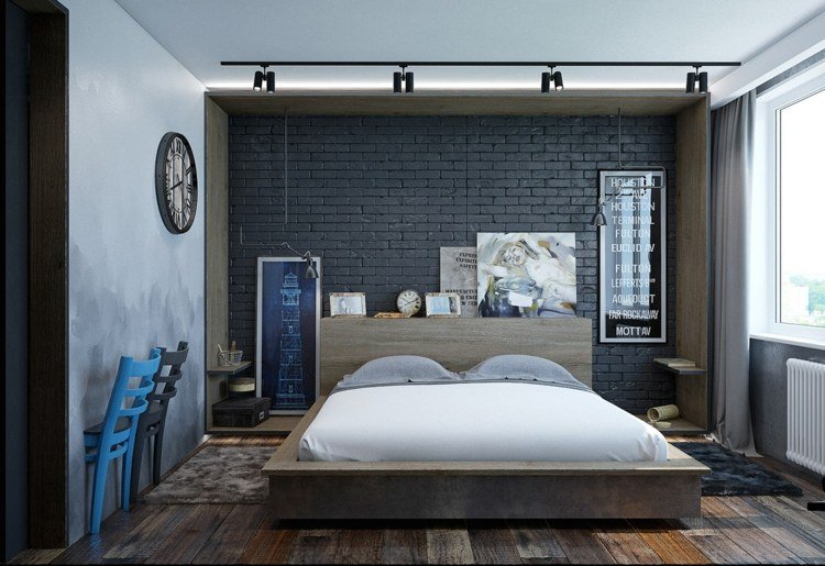 ديكو-غرفة نوم-صور-تصميم-كلنكر-حجر-حائط-فكرة-كراسي-ازرق-رمادي