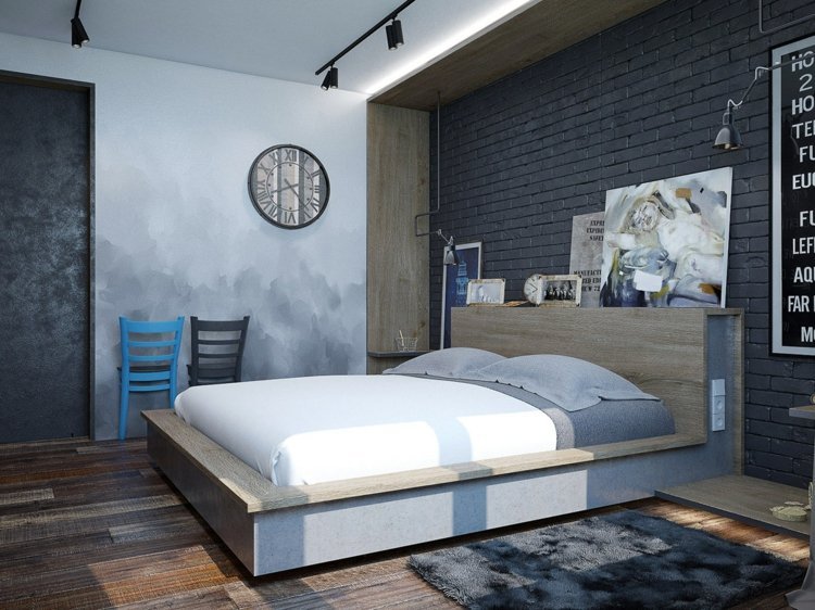 الديكور في غرفة النوم خشب-سرير-عصري-طوب-جدار-رمادي غامق-جدار-تصميم-خرساني