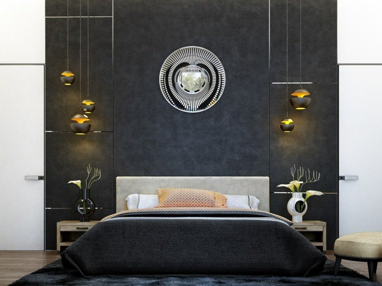 طاولات حائط-ديكور-غرف نوم-فن-ديكو-أسود-لهجة جدار-ميدالية-مرآة-طاولات بجانب السرير