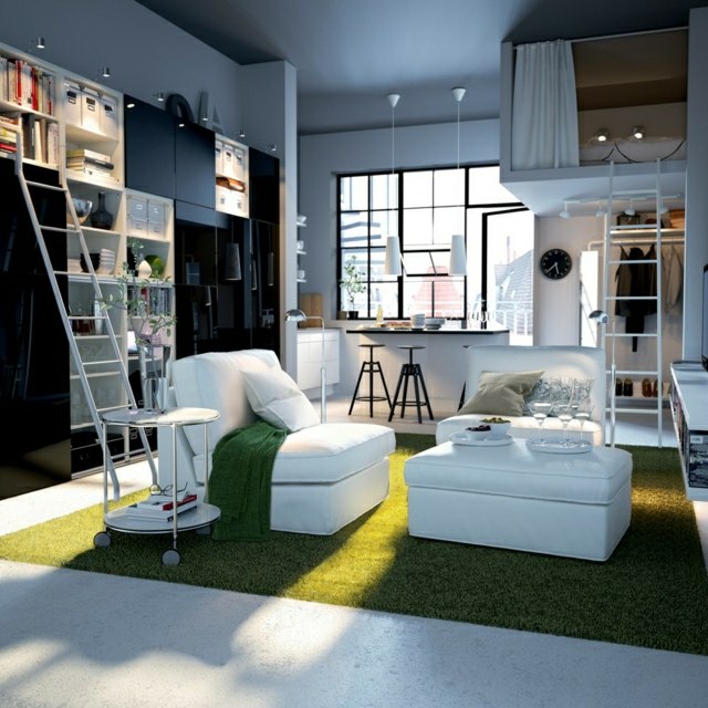 تصميم شقة صغيرة كرسي بذراعين سجادة بيضاء خضراء