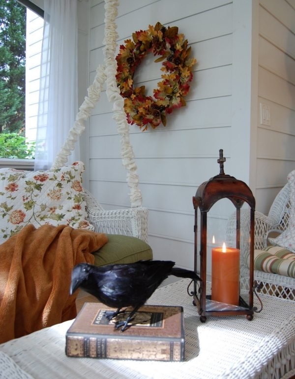 غطاء طاولة جانبية من قماش فانوس لتزيين الخريف من الشرفة ، أريكة هزازة