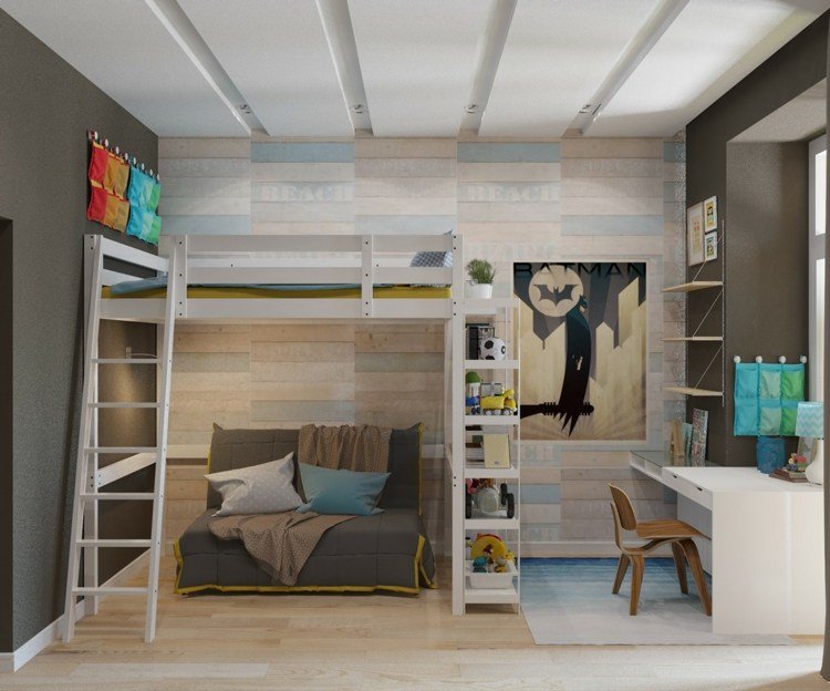 تصميم سرير علوي حديث - خشب - ألواح جدارية - أرفف - أريكة - مكتب