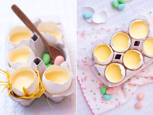 وصفة حلوى فكرة لبودينغ الفانيليا لعيد الفصح الذي يقدم قشور البيض
