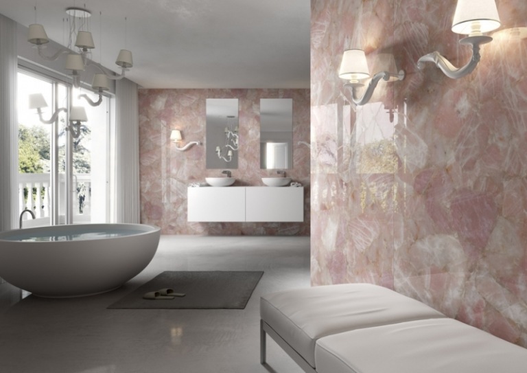 حمام فاخر - تصميم حمام - أفكار حمامات - بلاط جدران - نوبل - وردي داكن - بانيو قائم بذاته