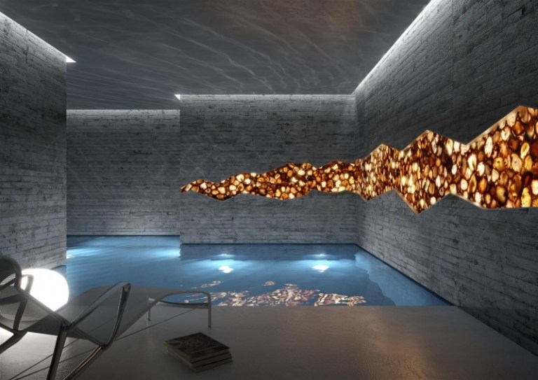 تصميم الحمام - افكار للحمامات - حائط خرساني - اضاءة بانل اونيكس