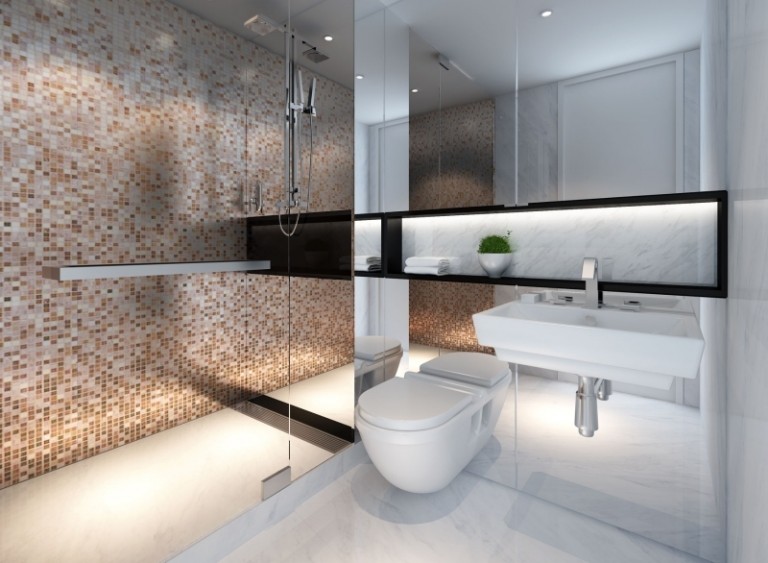 تصميم الحمام - أفكار الحمام - بلاط الموزاييك - الرخام - مرآة الحائط - مقصورة الدش
