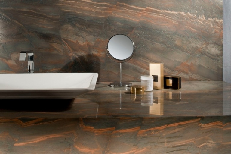 تصميم الحمام - أفكار الحمامات - بلاط الجدران الحجرية - حوض كونترتوب