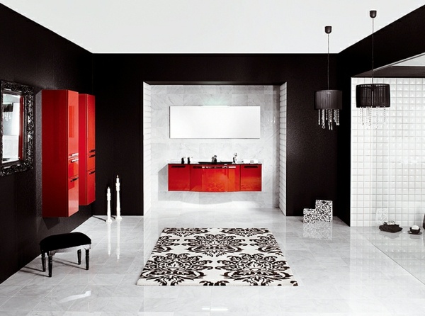 غرفة نوم - فاخرة - سوداء - بيضاء - رخام - احمر - مغسلة - سجادة