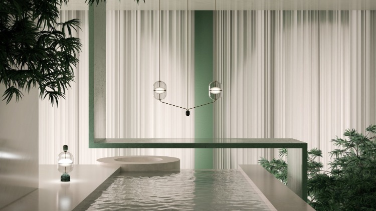 غرفة معيشة غير عادية مصممة بالماء في بساطتها الوسطى والاسكندنافية مع إضاءة معلقة كميزة مميزة
