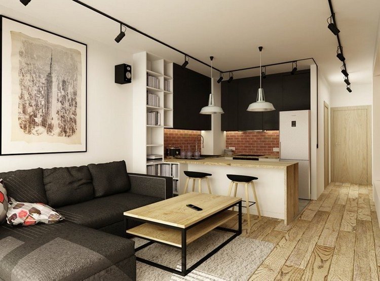 أريكة غرفة المعيشة الحديثة - أسود - أرضية خشبية - مطبخ - شبه جزيرة