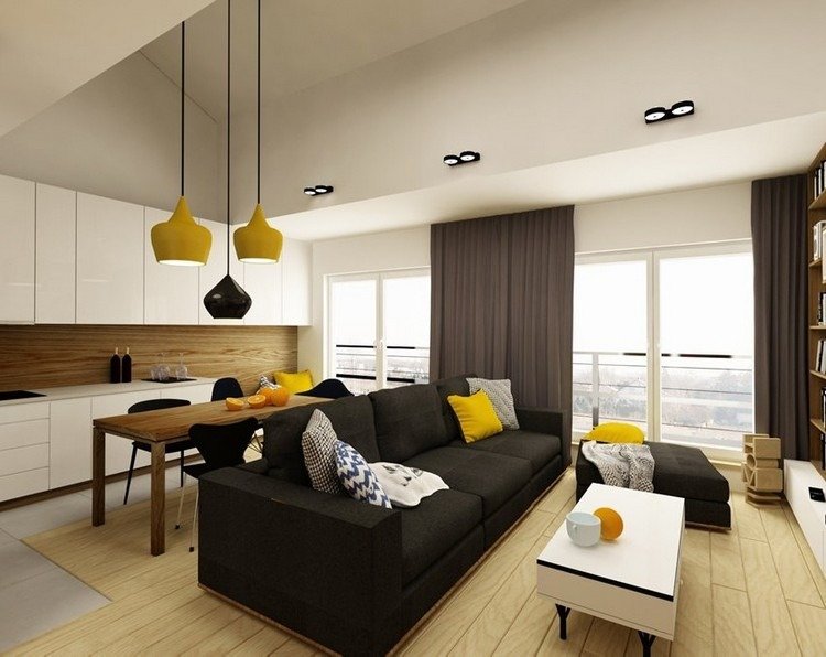 غرفة المعيشة الحديثة-أريكة-أسود-أفتح-أرضية خشبية-أبيض-مطبخ-أصفر-لهجات
