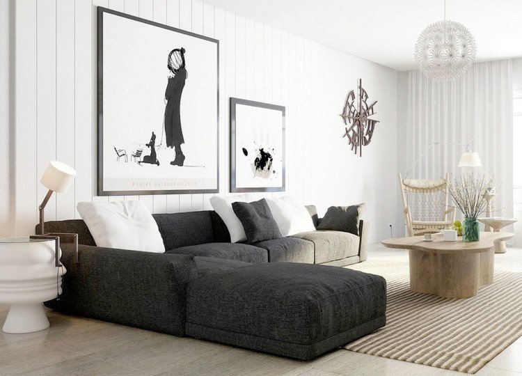 غرفة معيشة حديثة - صوفا - رمادى غامق - بلاط - مظهر خشبى - خشب - طاولة قهوة - حائط - تصميم - ابيض