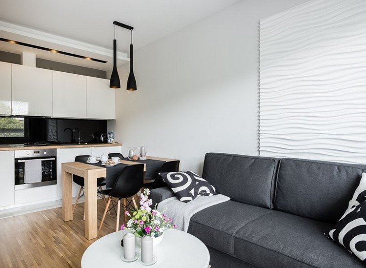 غرفة المعيشة الحديثة-أريكة-رمادي-أبيض-مطبخ-خشب-طاولة طعام-أرضية مدفأة