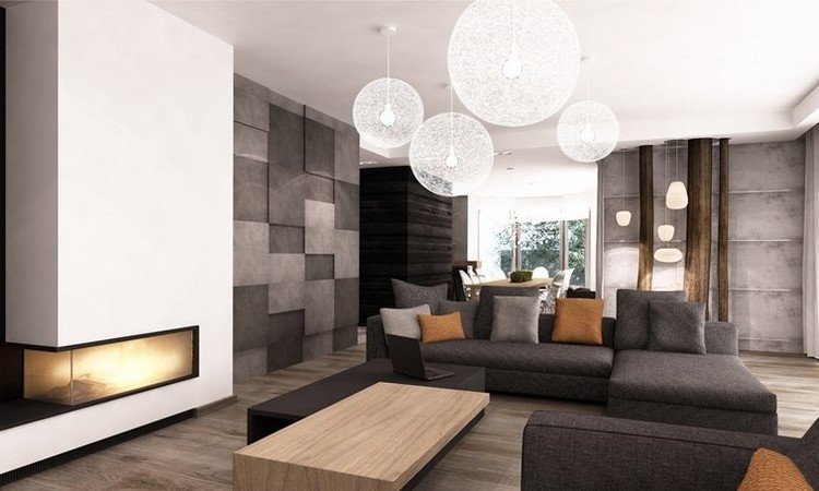 غرفة معيشة حديثة - أريكة - رمادية - أرضية خشبية - مدفأة جدارية - وسائد برتقالية