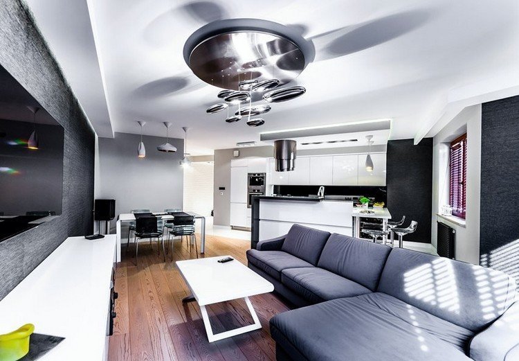 غرفة المعيشة الحديثة - أريكة - رمادية - أرضية خشبية - بيضاء - طاولة قهوة