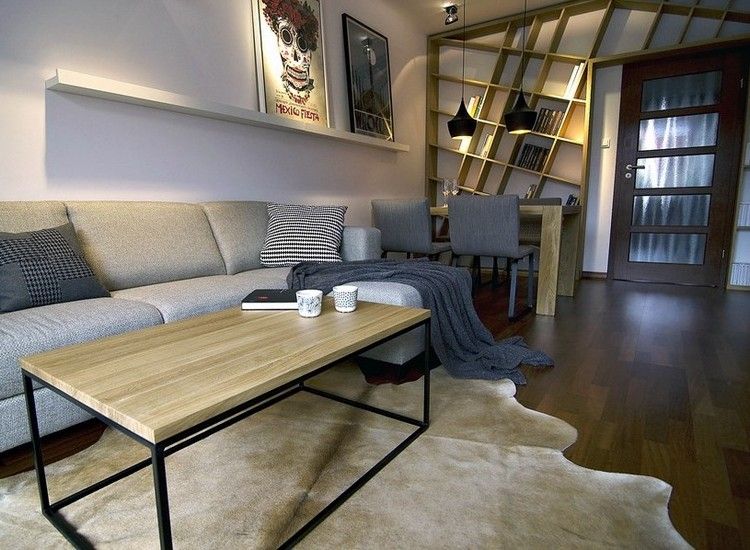 غرفة معيشة حديثة - أريكة - رمادى - قهوة - طاولة - لوحة خشبية - قولبة