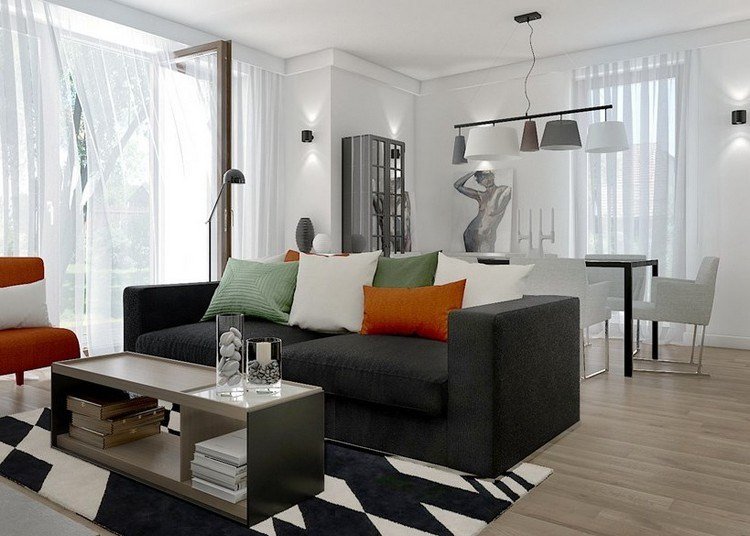 غرفة معيشة عصرية - صوفا - 2 مقاعد - أرضيات خشبية - برتقالية - خضراء - وسائد