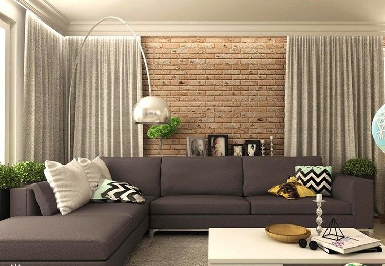 غرفة معيشة - ركن - أريكة - جدار - تصميم - طوب - مظهر - رمادي - ستارة - مصباح أرضي