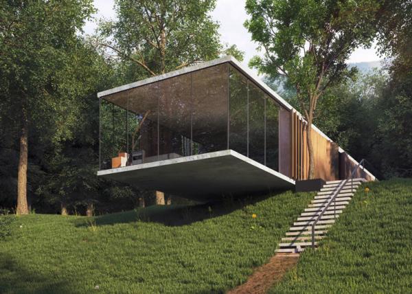 تخيل منزل غرفة واحدة مصمم منزل زجاجي على المنحدر