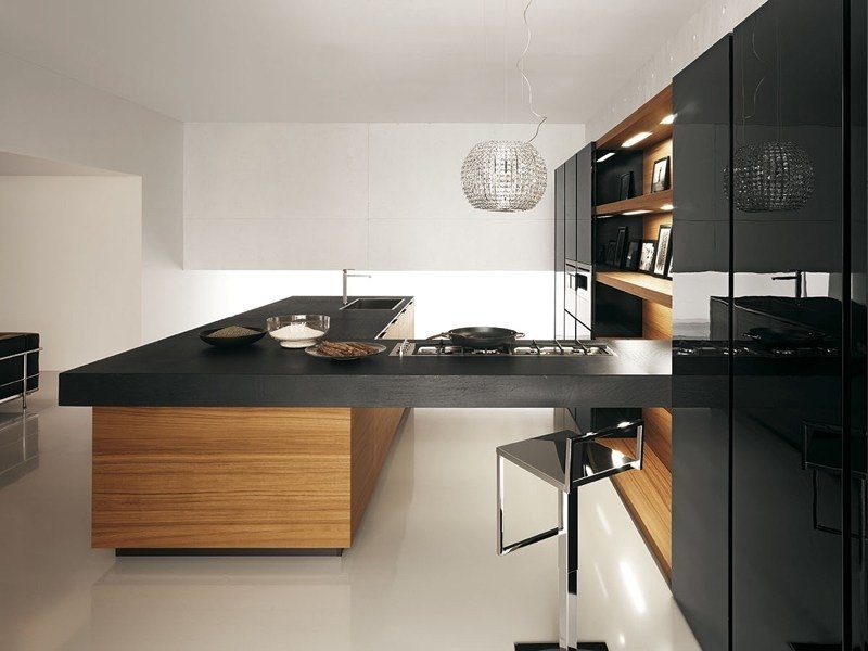 مطبخ مجهز - مطبخ جزيرة - أسود - سطح عمل - واجهات خشبية