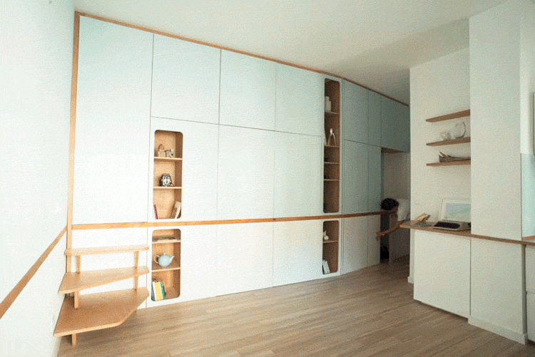 قم بإعداد شقة بمساحة 35 مترًا مربعًا مع خزانة مدمجة مرنة