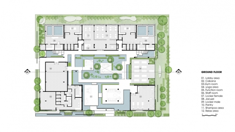 مخطط الطابق الأرضي مع فناء داخلي وغرف متنوعة